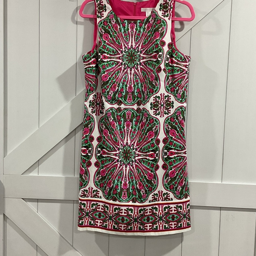 London Times Pink and Green Geometric Mini Dress
